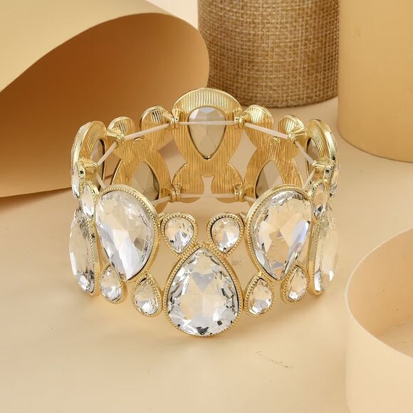 Stunning White Glass Stretch Bracelet in Goldtone - Picture 2 of 3